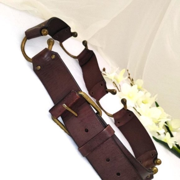 Handmade Belt Brown Genuine Leather Brass Tongue Buckle Antiqued Horseshoe Links - Picture 5 of 13